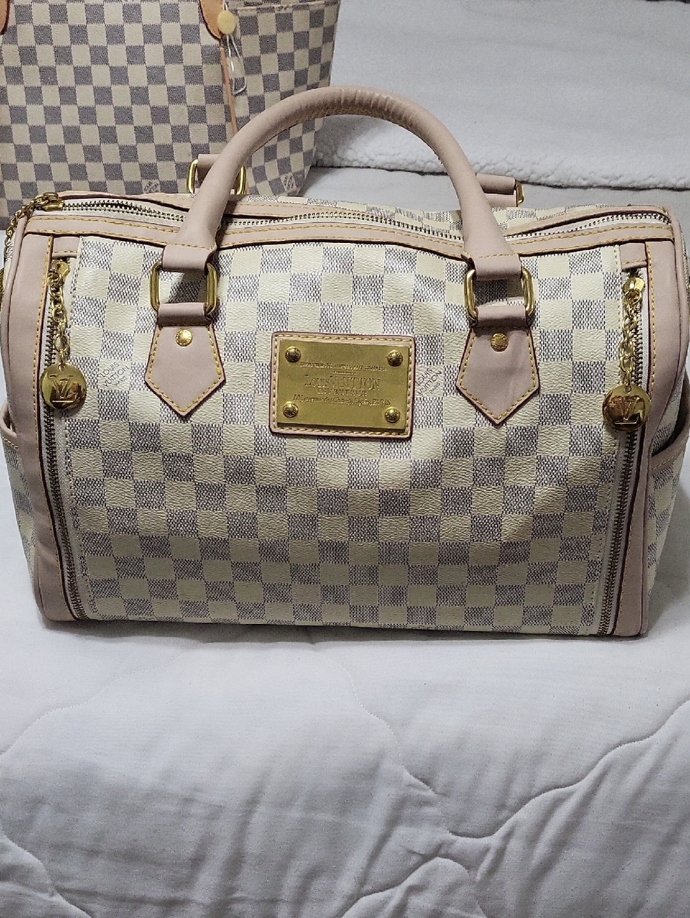 Great Beige Checkered Satchel Handbag with Gold Hardware